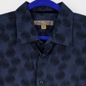 BLUE Pronto Oumo Men's Navy Blue Black Circle Pattern Button Down Shirt